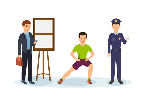Zakenman met werkmap en telefoon, fitness trainer squats, politieagent. — Stockvector
