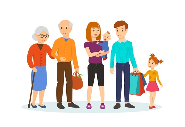 Familj med barn i köpcentrum bredvid gamla farföräldrar. — Stock vektor