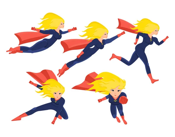 Conjunto de superhéroe femenino en diferentes situaciones y poses . — Vector de stock