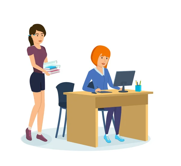 Girl in strict clothing, shows to colleague project on monitor. — Stock Vector