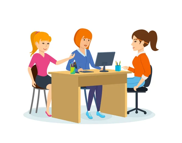 Colleagues of girl, discussing the joint project, express their opinions. — Stock Vector