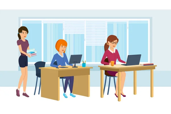 Colleagues work together to discuss the work project of company. — Stock Vector