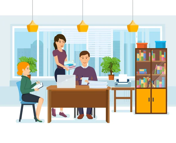 Colleagues work on joint project on background of office interior. — Stock Vector