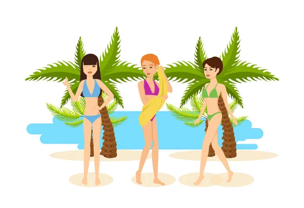 Filles bronzées en bikini repos pendant des vacances en mer . — Image vectorielle