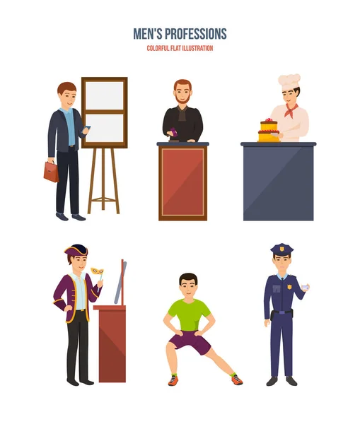 Сучасні професії чоловіків: бізнесмен, суддя, кухар, актор, тренер, поліцейський . — стоковий вектор