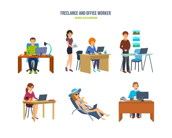 Freelancers e trabalhadores de escritório em várias situações e ambientes . — Vetor de Stock