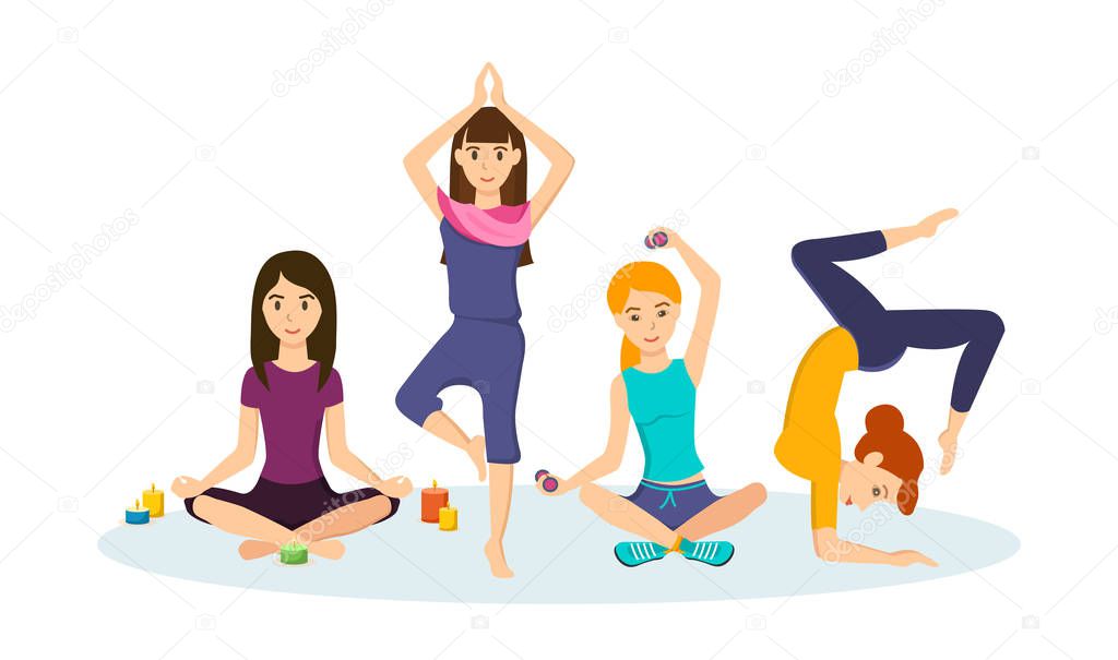 Girls engaged in sports and yoga, taking different positions.