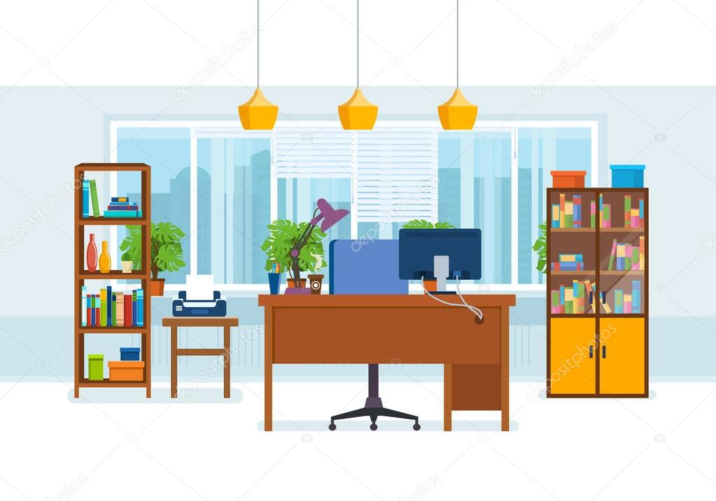 Office interior of the room, with working furniture, lighting.