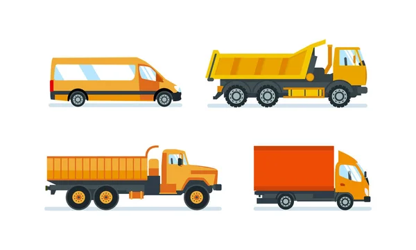 Camiones para el transporte de mercancías, materiales y recursos de construcción . — Vector de stock