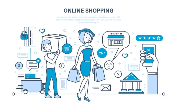 Современный шоппинг, система онлайн-заказа товаров, безопасная оплата, доставка . — стоковый вектор