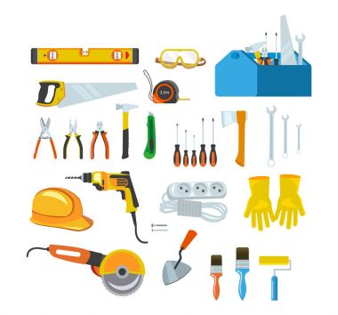 Çalışma araçları, onarım ve inşaat evde için donatım.