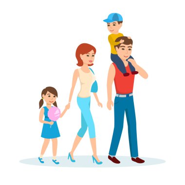 Genç bir aile parkta çocuklar ile yürür..