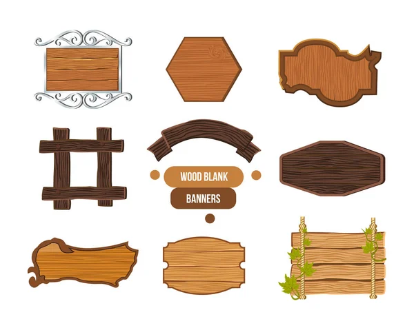 木製の看板、様々 な形状、色、木と金属のテクスチャ. — ストックベクタ