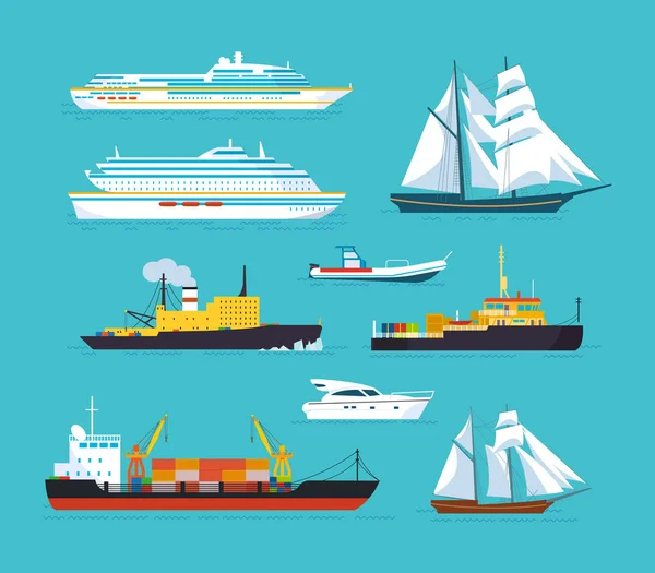 Set of ships in modern flat style: ships, boats, ferries. — Stock Vector