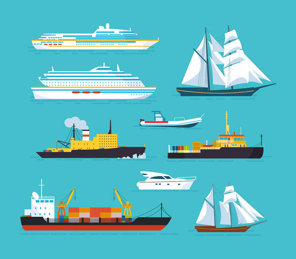 Set of ships in modern flat style: ships, boats, ferries.