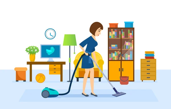 Girl is cleaning, vacuuming in the room, putting in order — Stock Vector