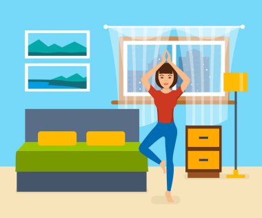 Kız yoga ve egzersizleri yatak odasında devreye girer.