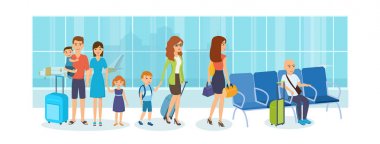 Turistik gezi, havaalanında bekleme odasında insanlarda.