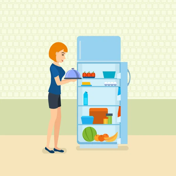 Fille tient plateau avec de la nourriture sur les mains, debout dans la cuisine . — Image vectorielle