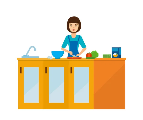 Hospodyňka dívka v kuchyni u stolu, příprava jídla. — Stockový vektor