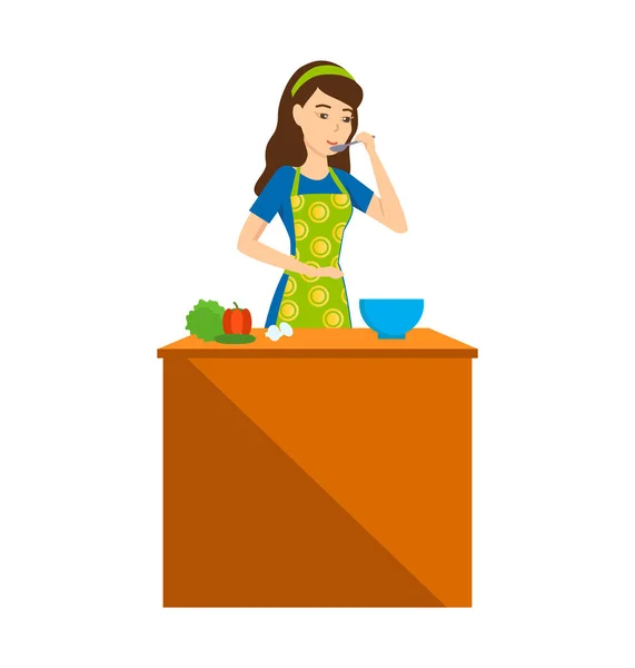 Huisvrouw meisje in keuken probeert eten, aan tafel met voedsel. — Stockvector