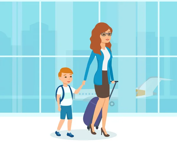 Madre con el equipaje en la mano, camina junto a su hijo . — Vector de stock