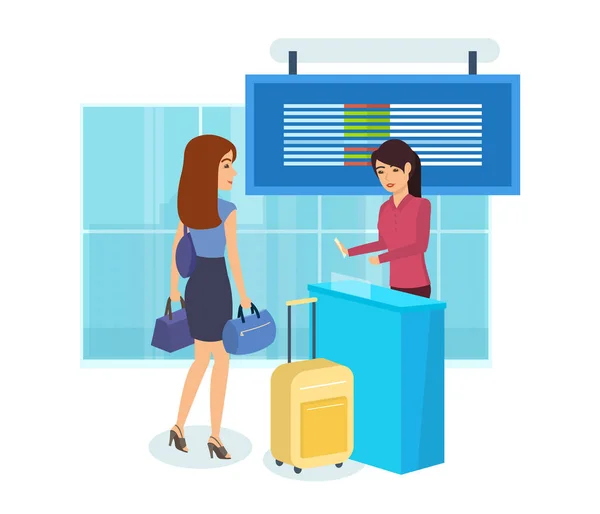 La fille se prépare pour le voyage, un employé de l'aéroport délivre un billet . — Image vectorielle