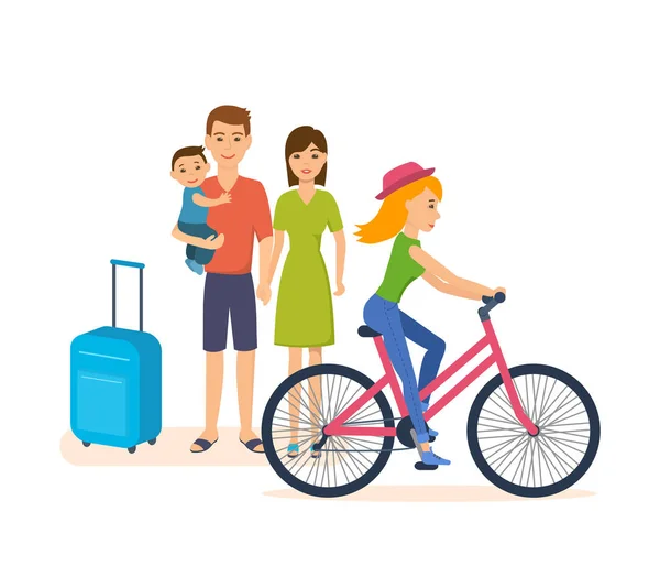 Viaje de verano: familia con niños, paseos en bicicleta por la ciudad . — Vector de stock