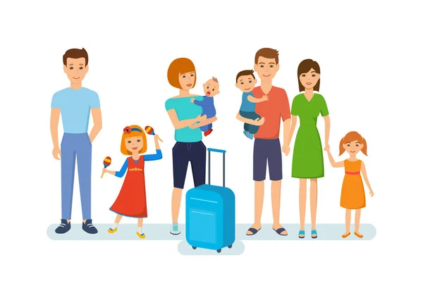 Familias con niños, tiempo compartido, descanso y diversión, entretenimiento, viajes . — Vector de stock