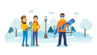 Winter Park, insanlarla el ve snowboard kayaklar.