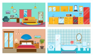Modern iç Konuk Odası: oturma odası, mutfak, yatak odası, şık banyo.