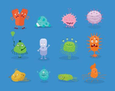 Set of funny cartoon bacteria, in different positions, shapes, kinds. clipart