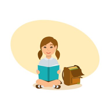 Kız yere, çim, oturur okul kitap okur.