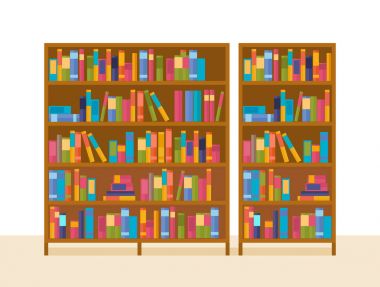 Öğretim materyalleri ve genel edebiyat ile kütüphanede kitap rafı.