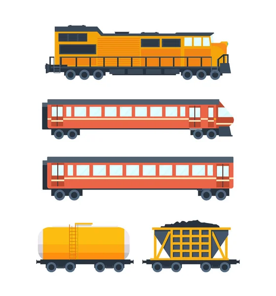 Stoomlocomotief met verschillende wagons. Wagons met passagiers, vracht, stortbakken. — Stockvector