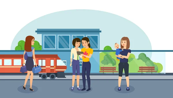 Familias con niños y equipaje en el fondo de la estación de tren . — Vector de stock