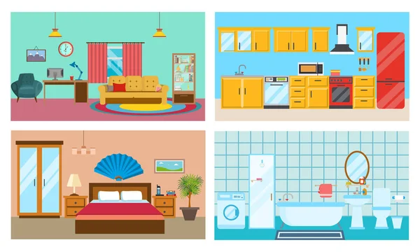 Modern interior of rooms: living room, kitchen, bedroom, stylish bathroom. — Stock Vector