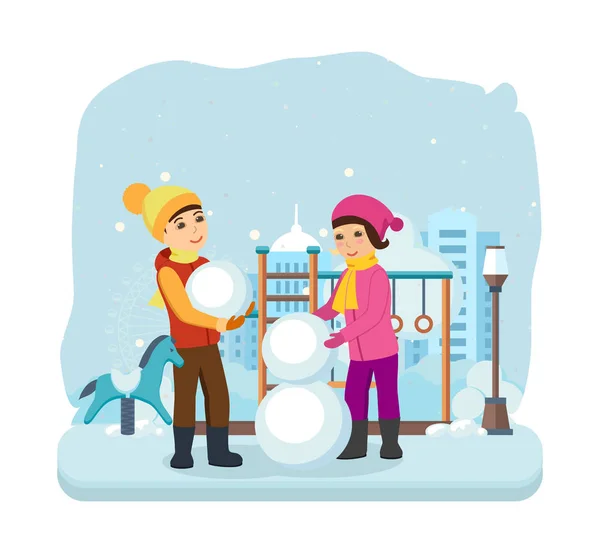 Menino, menina em roupas de inverno, esculpir boneco de neve de bom humor — Vetor de Stock