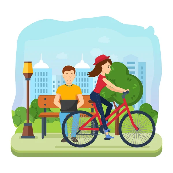 Hombre corriendo en freelance, descansar en el banco, chica monta bicicleta . — Vector de stock