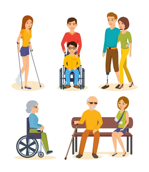 Personer med funktionshinder: på kryckor, vagnar, med proteser och frakturer. — Stock vektor