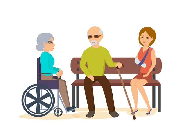 Homme âgé, assis avec fille sur le banc, femme dans la chaise . — Image vectorielle