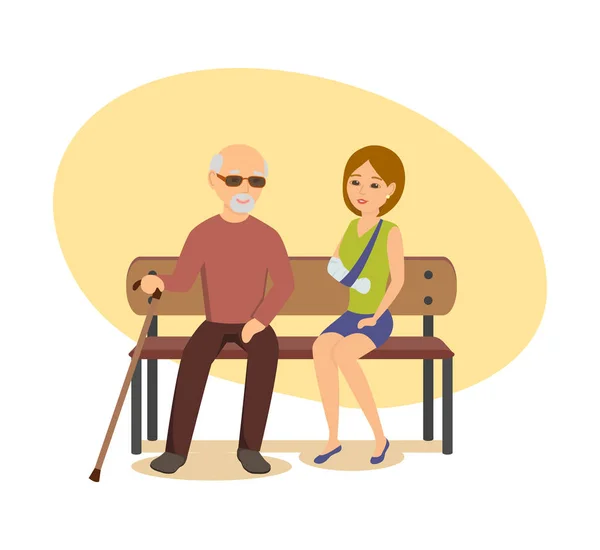 Anciano con bastón se sienta en el banco al lado de la chica . — Vector de stock