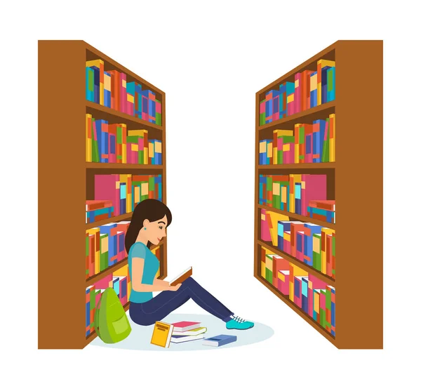 Κορίτσι στη βιβλιοθήκη, την ανάγνωση του βιβλίου και την εργασία με τα απαραίτητα υλικά. — Διανυσματικό Αρχείο