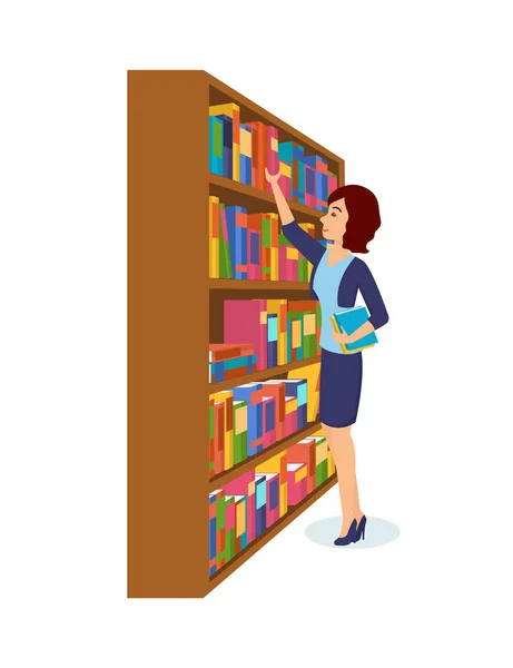 Chica es tomar libros en la biblioteca, la elección de los necesarios . — Archivo Imágenes Vectoriales