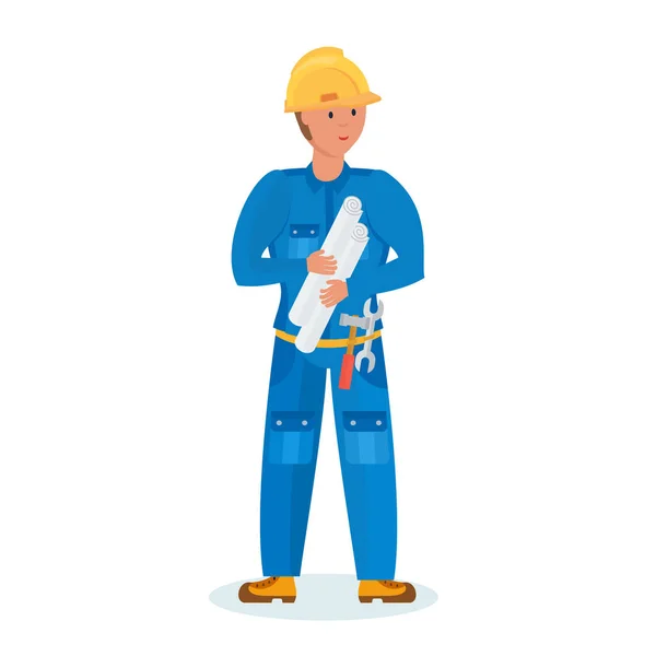 Builder in branded clothes with tools and drawings in hand. — Stock Vector