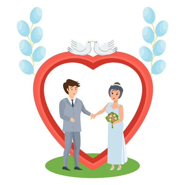 Casal apaixonado fica perto de arco, casamento de jovens . — Vetor de Stock