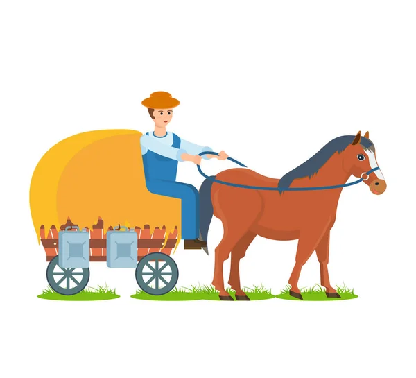 Farmer rides horse on cart, the environmentally friendly farm craft. — Stock Vector