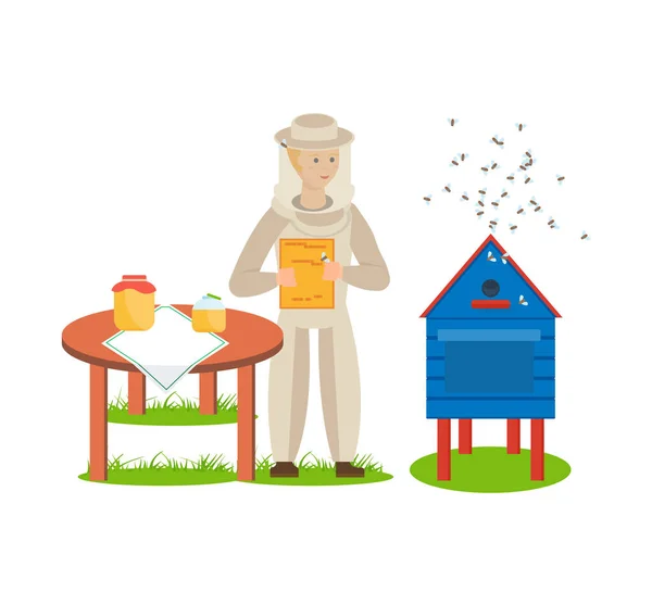 Ασχολείται με την εκτροφή μελισσών, συλλογή μελιού μελισσοκόμος στο μελισσοκομείο. — Διανυσματικό Αρχείο