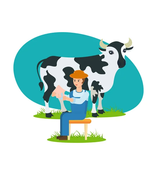 Bonde sitter nära kon och bedriver mjölkning. — Stock vektor