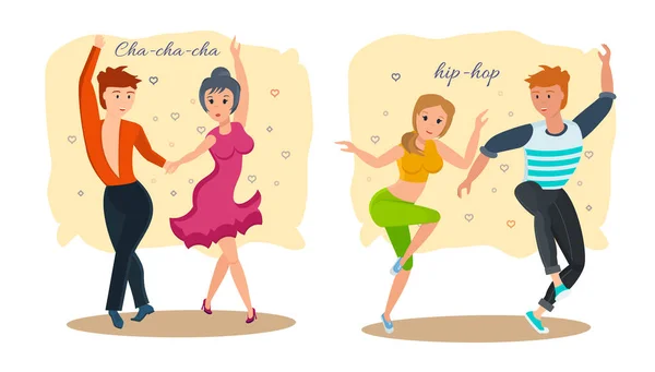 Пары танцуют современные виды танцев: ритмичный ча-ча-ча и хип-хоп . — стоковый вектор